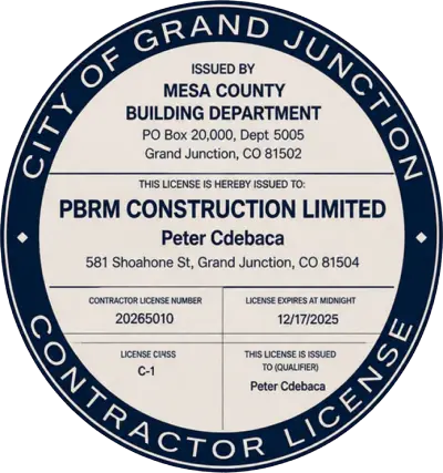 PBRM Construction Limited contractor license issued by Mesa County Building Department