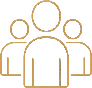 Gold outline icon of three people representing a team or group