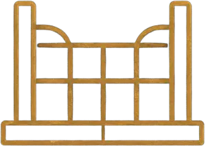 Gold decorative metal gate with arched top and grid pattern
