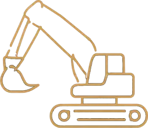 Gold line art icon of a construction excavator on tracks