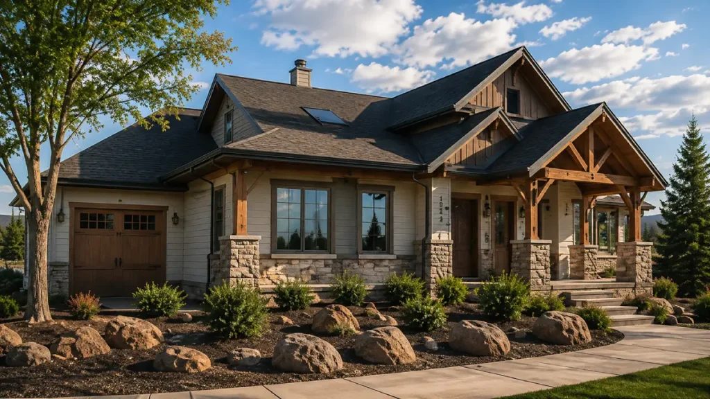 Modern craftsman home with stone accents, wood garage door, and covered porch.