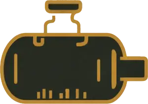 Outline of a dark green cylindrical industrial tank with gold trim.