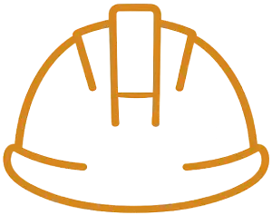 Gold outline icon of a construction hard hat on a black background