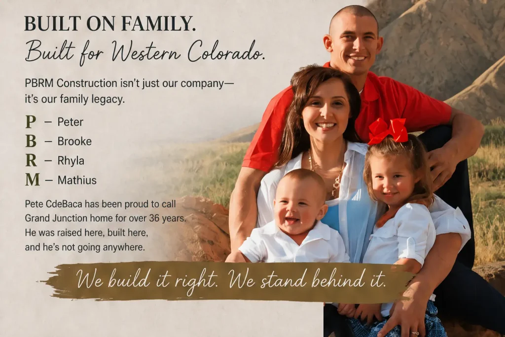 Family portrait of PBRM Construction founders Peter, Brooke, Rhyla, and Mathius outdoors in Western Colorado