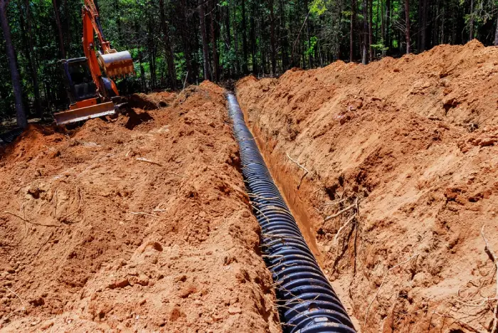 Construction site with a deep trench, black corrugated pipe, and orange excavator.