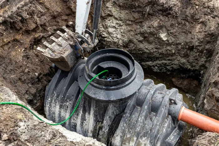 Excavator bucket over large plastic septic tank being installed in a dirt pit