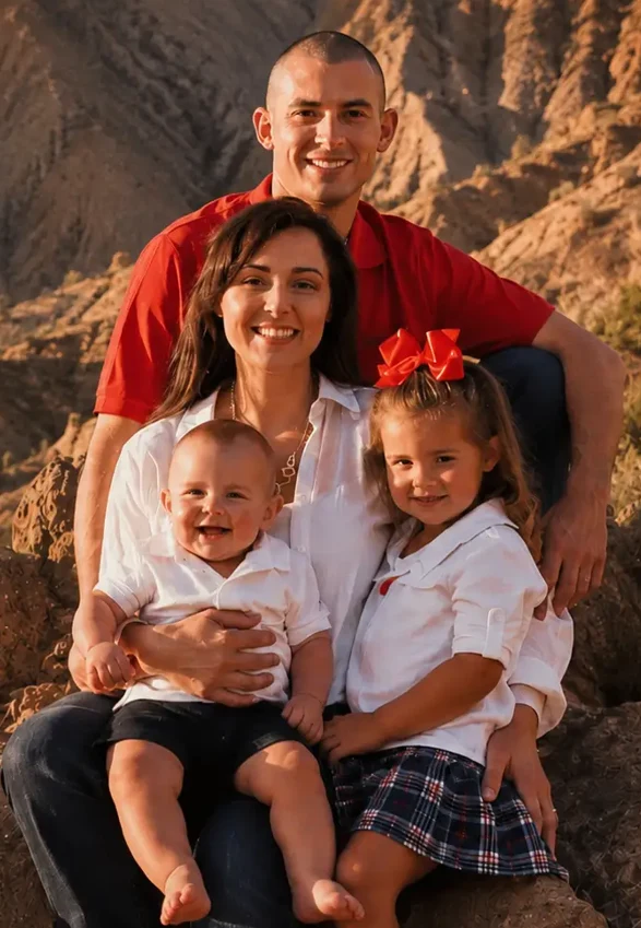 Happy family portrait of parents with two children in a scenic mountain landscape